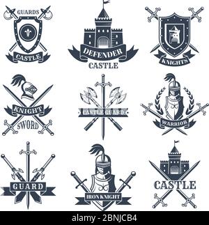 Labels or badges set with pictures of medieval knights, helmets and swords Stock Vector