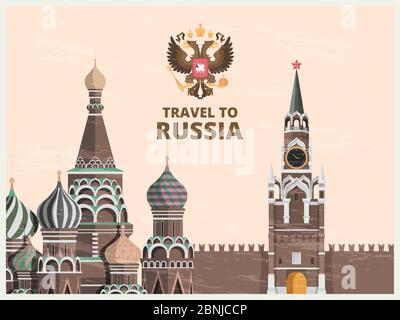 Vintage poster or travel card with illustrations of kremlin russian cultural landmarks Stock Vector