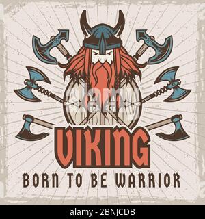 Poster with barbarian warrior with weapons. Template with place for your text Stock Vector