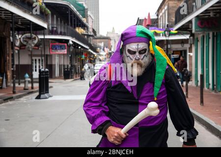 Man dressed up for Mardis Gras in the French Quarter of New Orleans, Louisiana, United States of America, North America Stock Photo