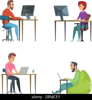 Professional programmers at work. Illustrations of funny characters Stock Vector