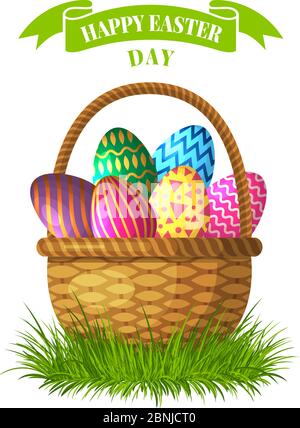 Easter concept illustration. Basket with colored eggs Stock Vector