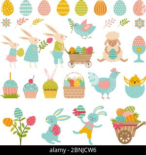 Rabbits, eggs and others symbols of easter Stock Vector