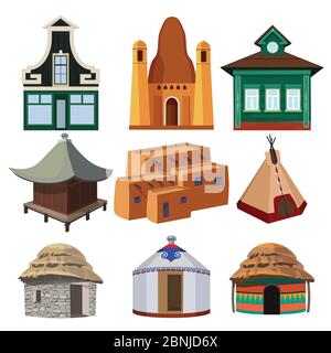 Tribal small houses of different nationalities isolated on white background Stock Vector