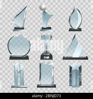 Glossy transparent trophies, awards and winner cups. Vector illustrations Stock Vector