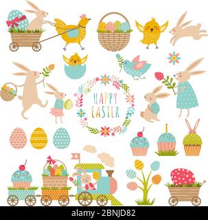 Vintage elements set of easter theme. Rabbits, eggs, ribbons and others symbols Stock Vector