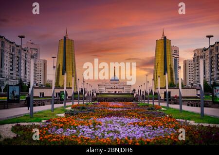 View of The Ak Orda Presidential Palace from Nurzhol Boulevard in Nur-Sultan City, formerly known as Astana, Kazakstan, Central Asia, Asia Stock Photo