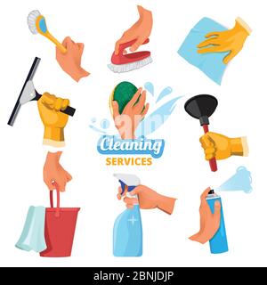 Womens hands with different tools for cleaning Stock Vector