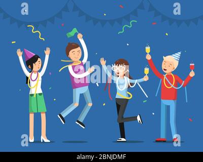 Funny people celebrating on the party. Mascot designs in flat style Stock Vector