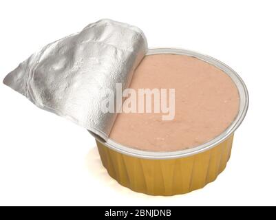 Metallic jar with poultry paste isolated on white background Stock Photo