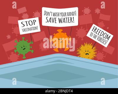 Cartoon viruses protest with transparencies in front of a man in a medical mask. COVID-19. Coronavirus. Vector illustration. Stock Vector