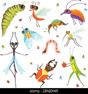 Set of funny cartoon insects isolate on white Stock Vector