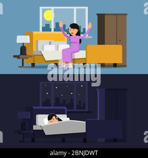 Illustrations of relaxed woman. Sleeping girl in bed. Female in the morning Stock Vector
