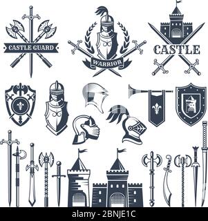 Monochrome pictures and badges of medieval knight theme. Illustrations of helmets, swords Stock Vector