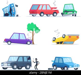 Vector pictures set of different accidents on the road. Big damage of cars Stock Vector