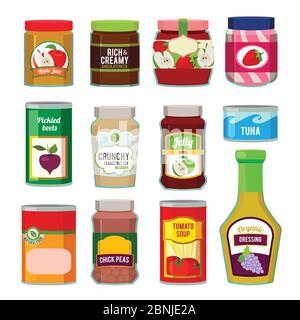 Jars with canned fruits and others different goods. Vector pictures in flat style Stock Vector