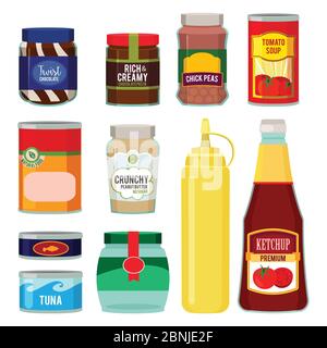 Illustrations of canned goods. Conservation of tomato, fish, vegetables and other foods Stock Vector
