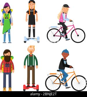 Hipsters make a trip. Bicycles riders. Vector characters set Stock Vector