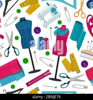 Seamless pattern for tailor shop with different sewing tools Stock Vector