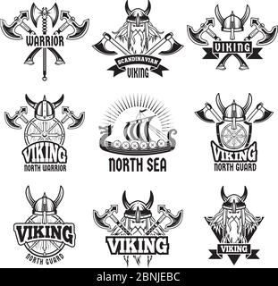 Sports and battle badges and labels with vikings and barbarian warriors. Monochrome pictures Stock Vector