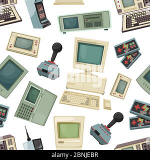 Seamless pattern with different vintage computers and gadgets Stock Vector