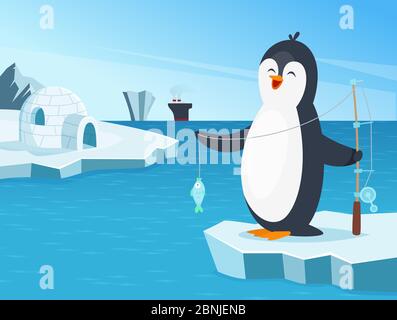 Illustration of little penguin fishing in the north Stock Vector