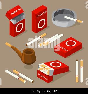Vector isometric illustrations of cigarettes and various accessories for smokers Stock Vector