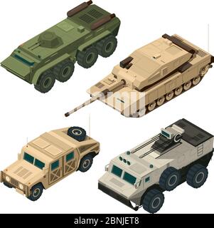 Vector isometric pictures set of different military vehicles isolate on white Stock Vector