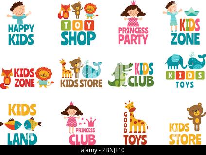 Different logos for kids with funny colored illustrations Stock Vector