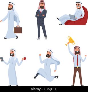 Cartoon characters set. Illustrations of arabic businessmen Stock Vector