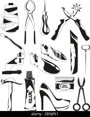 Monochrome pictures set of shoes repair tools Stock Vector