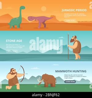 Horizontal banners set with illustrations of primitive prehistoric period peoples and different dinosaurs Stock Vector