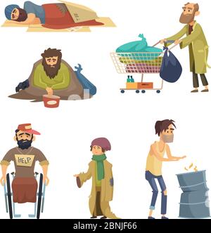 Unhappy dirty poor and desperate peoples. Vector characters set Stock Vector
