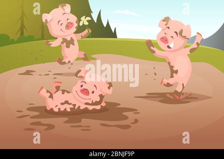 Kids pigs playing in dirty puddle Stock Vector