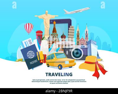 Travel background illustration of different world landmarks Stock Vector