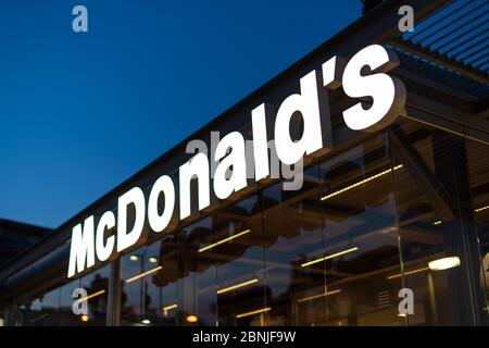 McDonald's fast food restaurant logo seen in Imperia, Liguria region, Italy Stock Photo