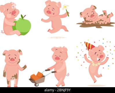 Funny pink pigs playing games Stock Vector