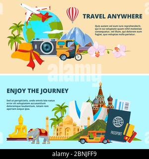 Illustrations of travel theme with pictures of different world landmarks Stock Vector