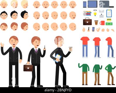 Vector constructor of business characters. Men in costume with different emotions and poses Stock Vector
