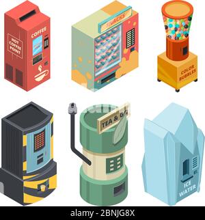 Food machine for drinks, coffee and snack in packages. Vector isometric pictures Stock Vector