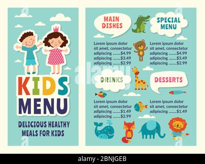 Design template of kids menu with colored funny pictures and place for your text Stock Vector