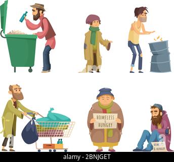 Poor and homeless adults people. Vector characters set Stock Vector
