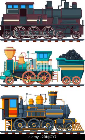 Colored cartoon pictures of retro trains Stock Vector