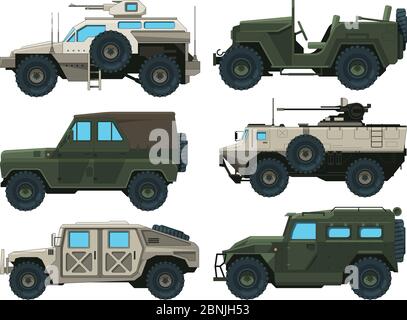 Army vehicles set. Colored vector illustrations Stock Vector