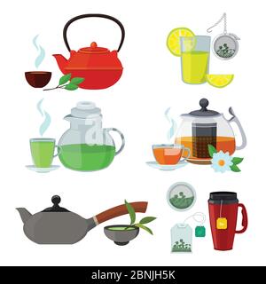 Illustrations of cups and kettles for different types of tea Stock Vector