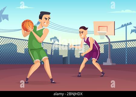 Background illustrations of basketball players playing on the court Stock Vector