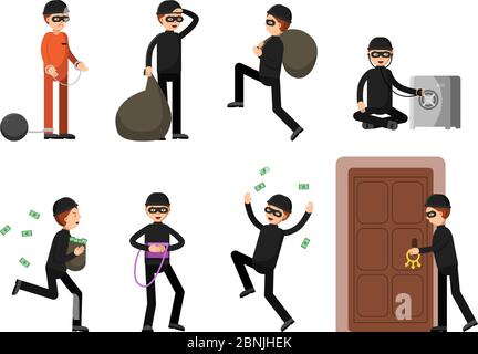 Criminal illustrations of theif characters in different action poses Stock Vector