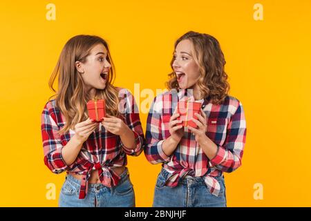 Image of two young beautiful girls wearing plaid shirts smiling and holding gift boxes isolated over yellow background Stock Photo