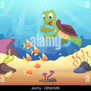 Sea underwater background with cartoon turtle Stock Vector