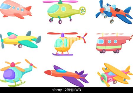 Illustrations of aeroplanes in cartoon style. Various toys for kids Stock Vector